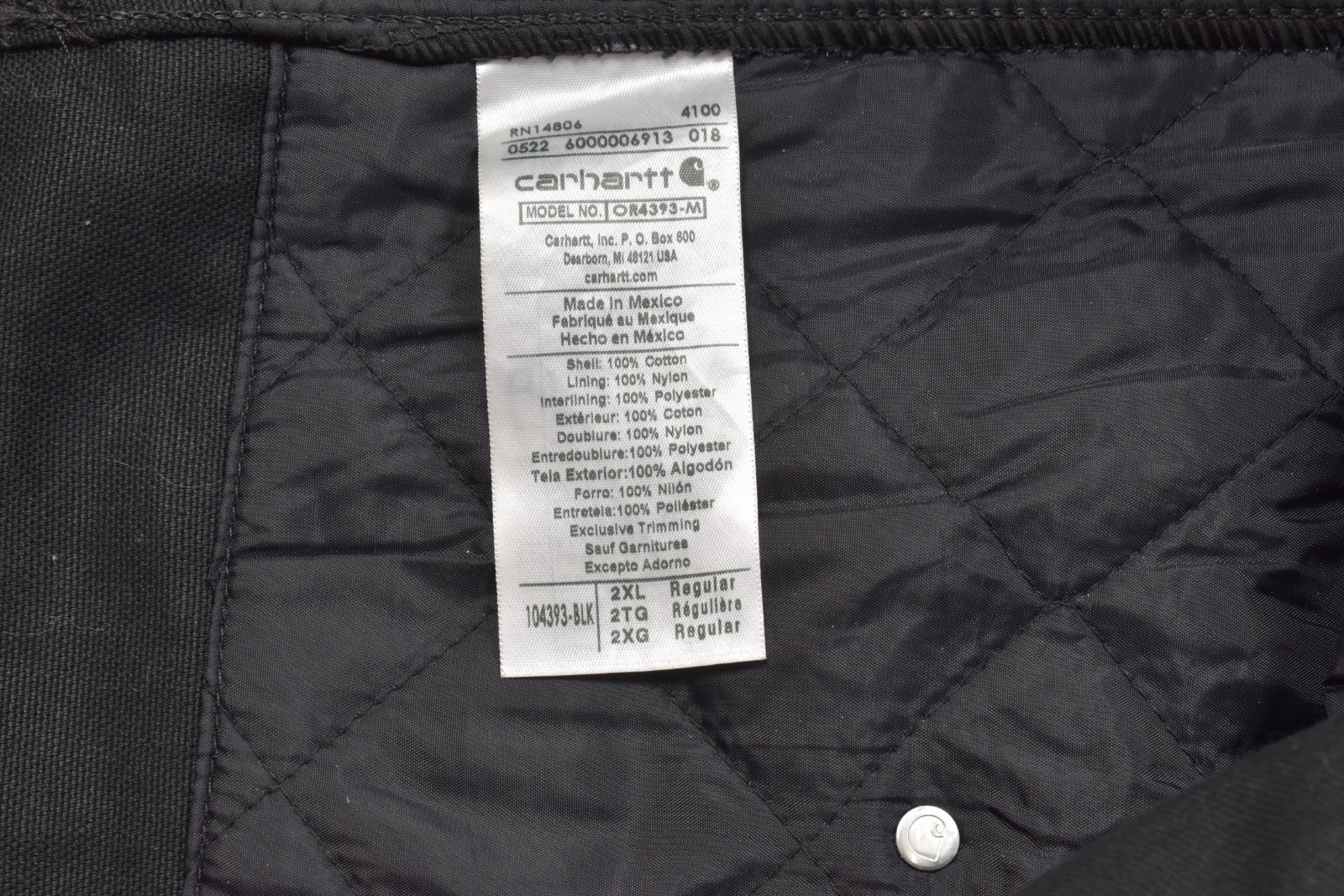 Carhartt 104393 Quilt Lined Loose Fit Duck Bib Overalls Black Size 2XL Regular