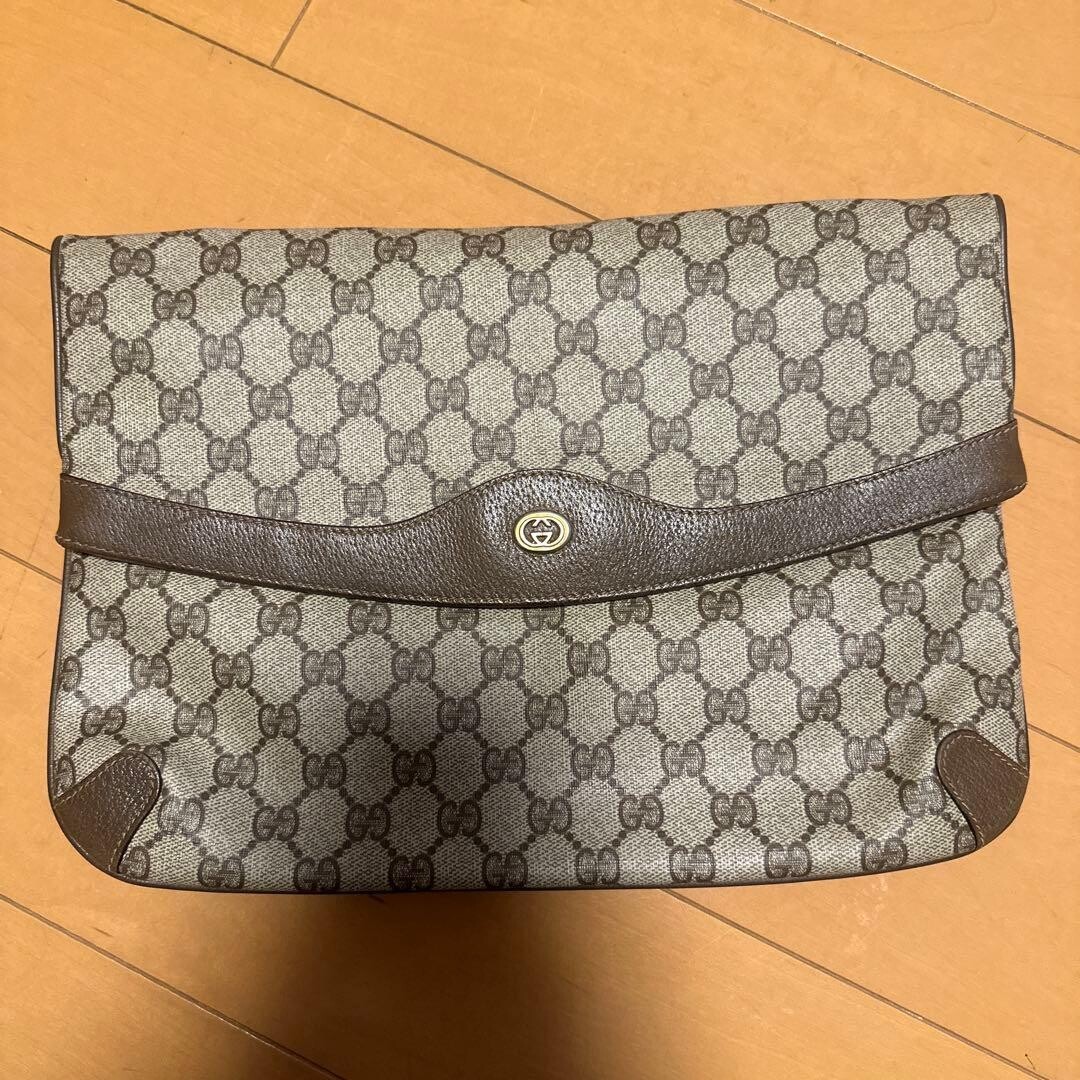 GUCCI GG Monogram Brown Clutch Bag Gold Flap Women 12.6 x 9.1 in Preowned