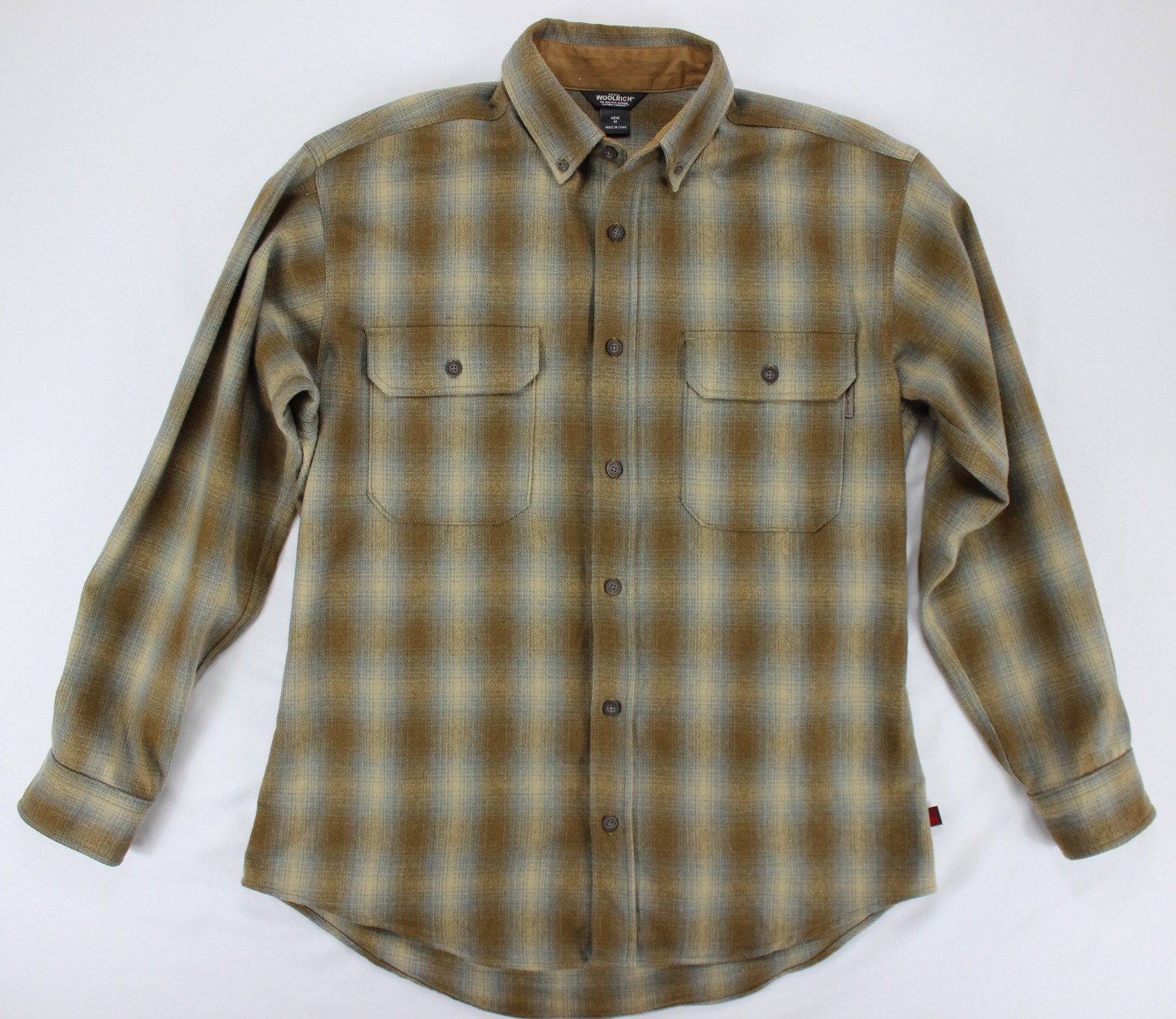 Woolrich Men’s Medium Button‑Up Shirt – Nutmeg Ombre (Brown/Blue/Tan Plaid)