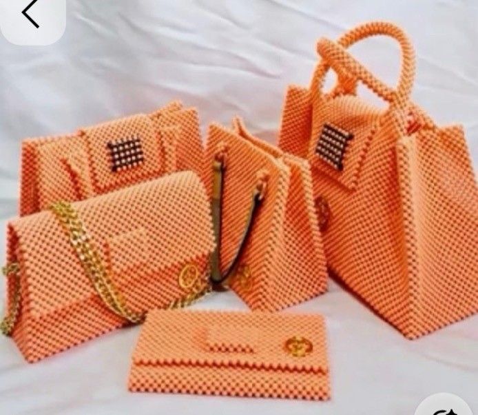 Women’s Beaded Top Handle Bag Rectangle Solid Red/White/Orange Gold, Strap