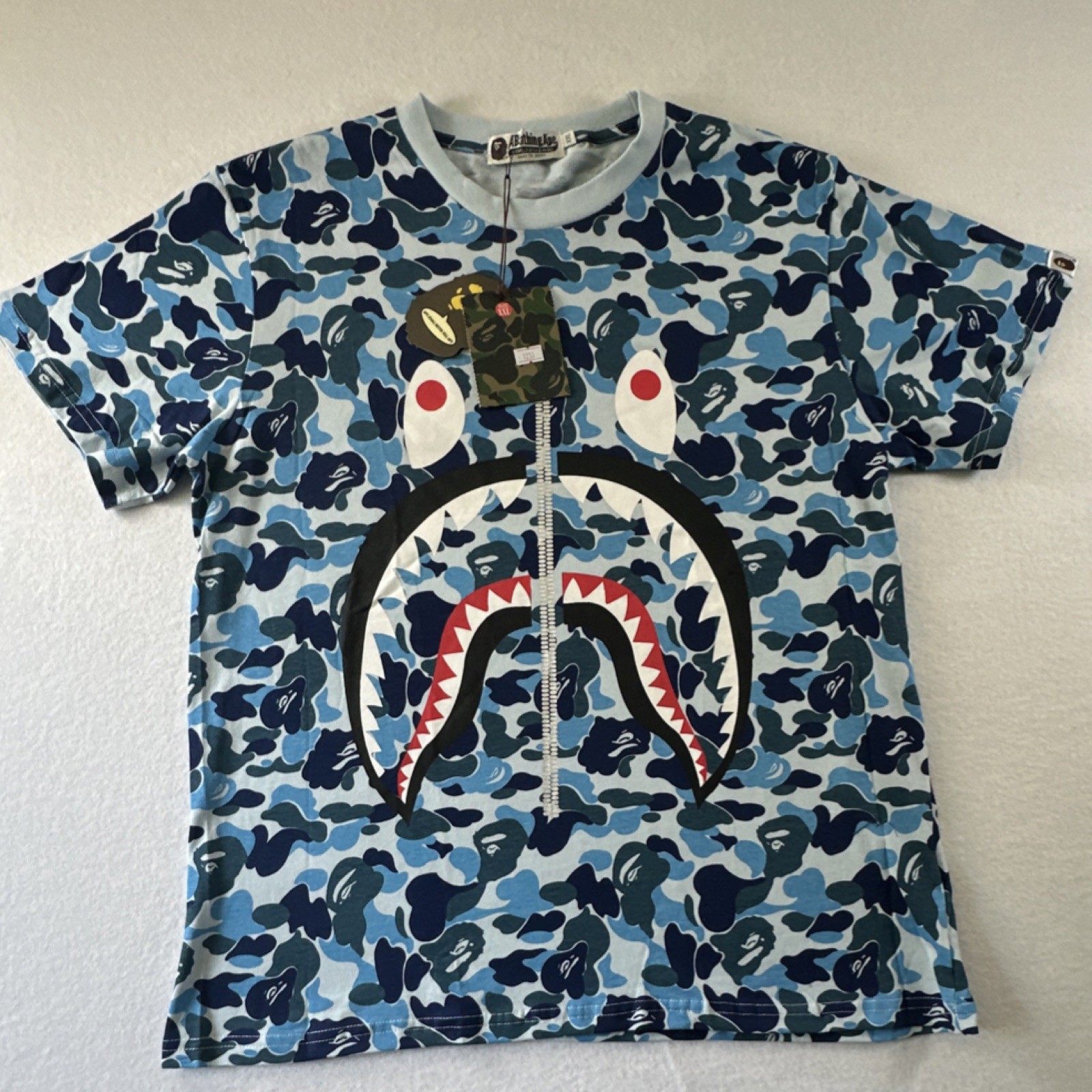 New w Tags A Bathing Ape BAPE Mens XXL Blue Camo Shark Graphic Crew T Shirt