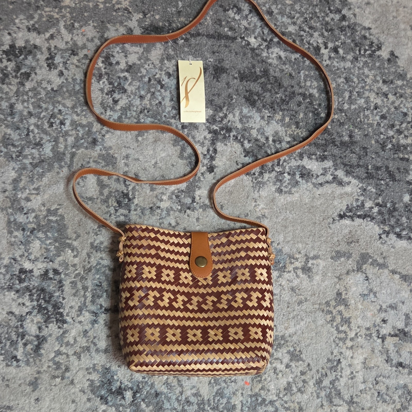 Womens Small Brown/Beige Geometric Square Crossbody Bag, Snap, Lined, Gold