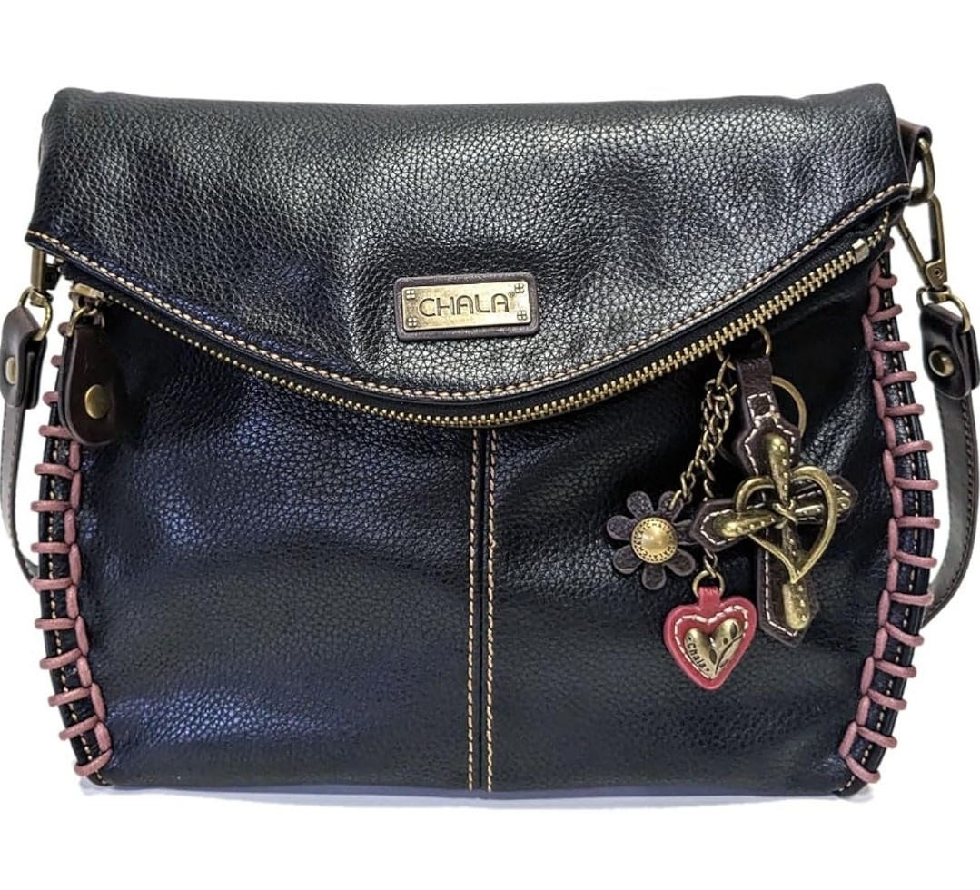 Chala Handbags Charming Crossbody Bag Flap Top Zipper Black + Cross Purse Charm