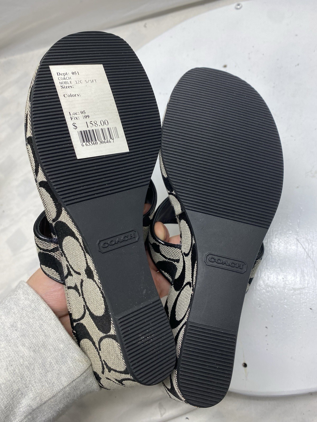 Vintage Coach CC Monogram Black and Beige Wedge Sandals with Turn Lock Size 6