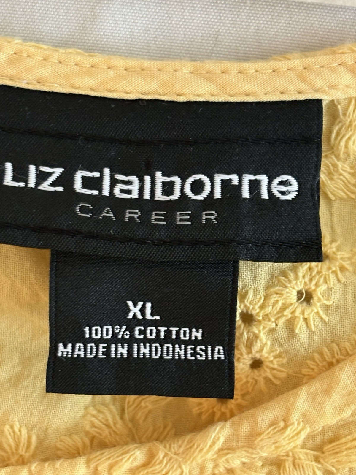 Liz Claiborne SIZE XL Yellow Floral Embroidered Ruffle Tiered Sleeve Top COTTON