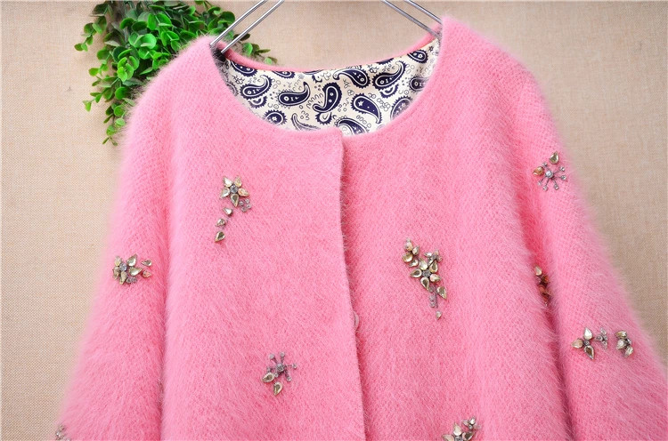 Women Thick Beading Angora Rabbit Fur Half Sleeves Slim Cardigans Sweater Coat