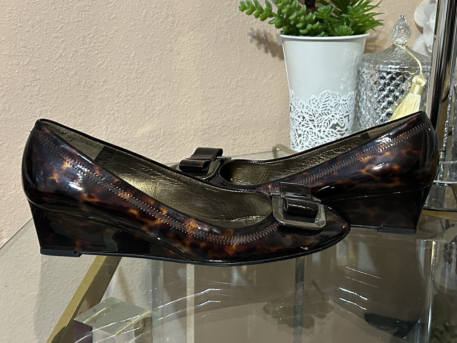 Stuart Weitzman Tortoise Patent Leather Brown Wedge Slip-On Pumps Size 7