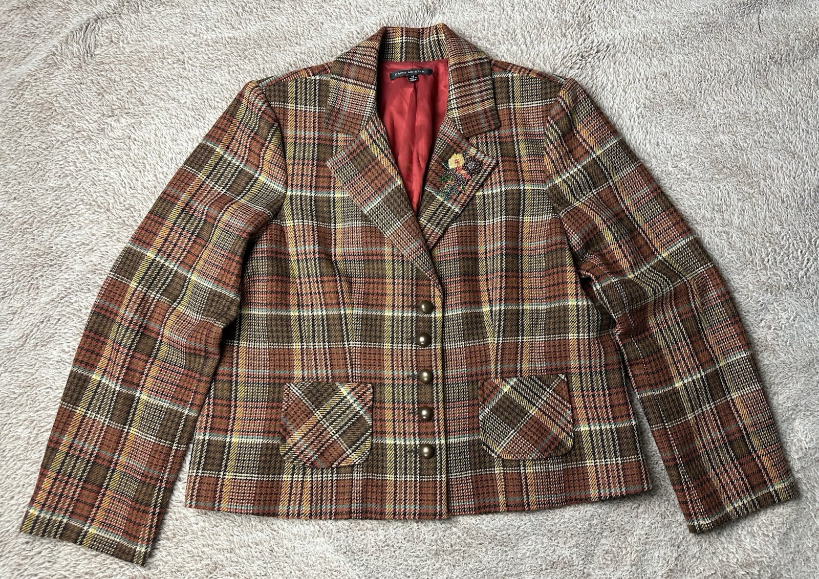 DAVID MEISTER Multi Color Acrylic Blend Plaid Beaded Motif Collar Jacket US 14