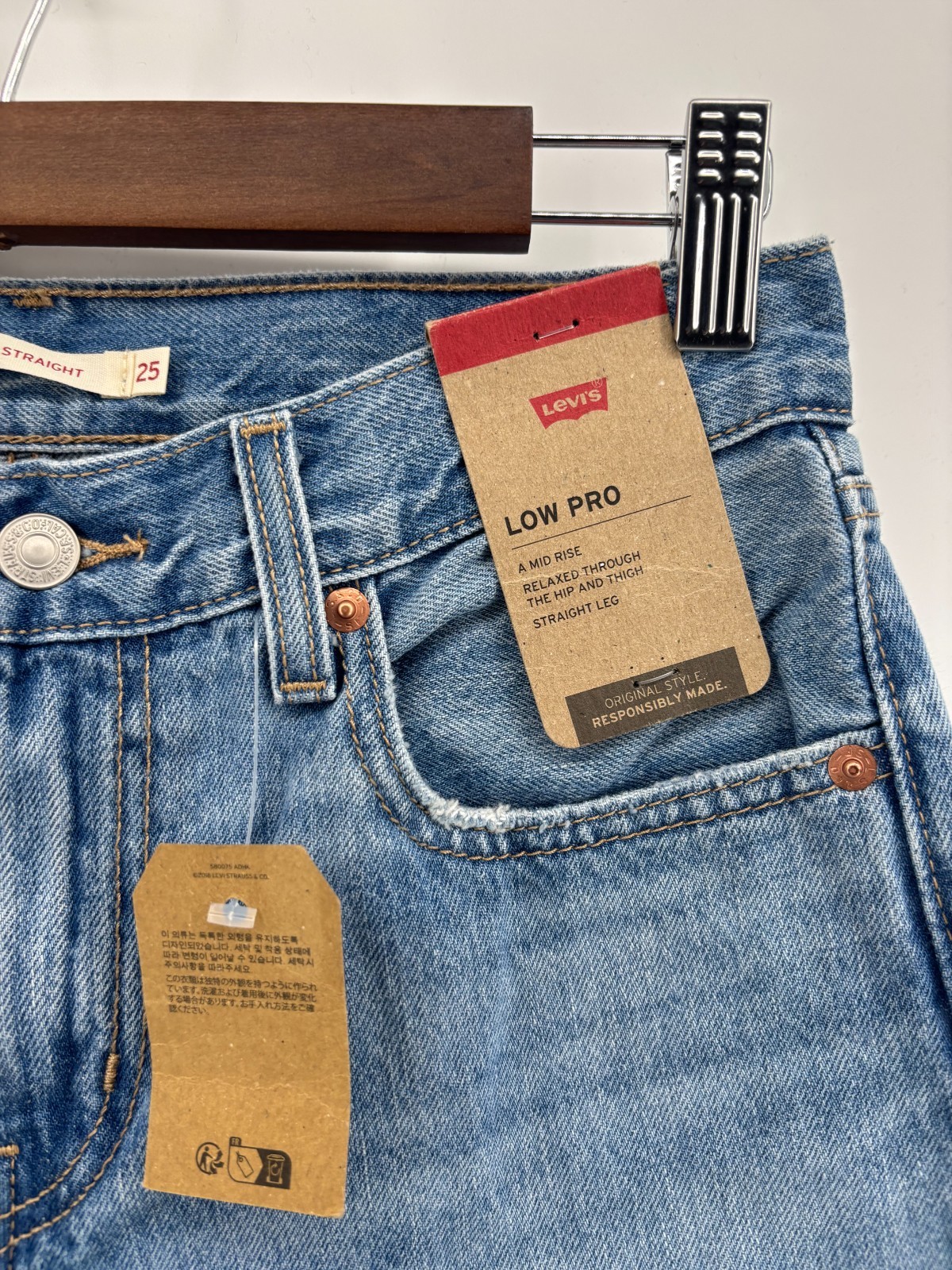 Levi’s Low Pro Straight Leg Jeans Womens Blue Denim Distressed Mid Rise 25 NWT