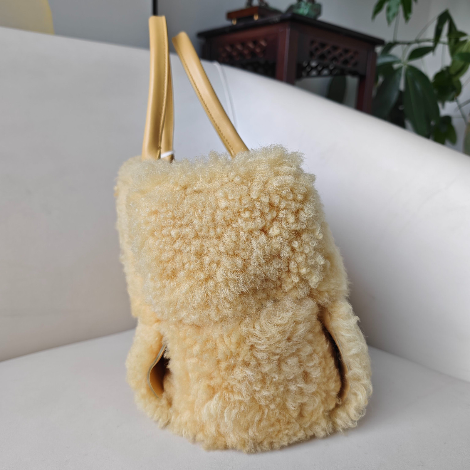 Authentic Bottega Veneta Plush Tote Bag Shearling and Leather Tote Bag Yellow