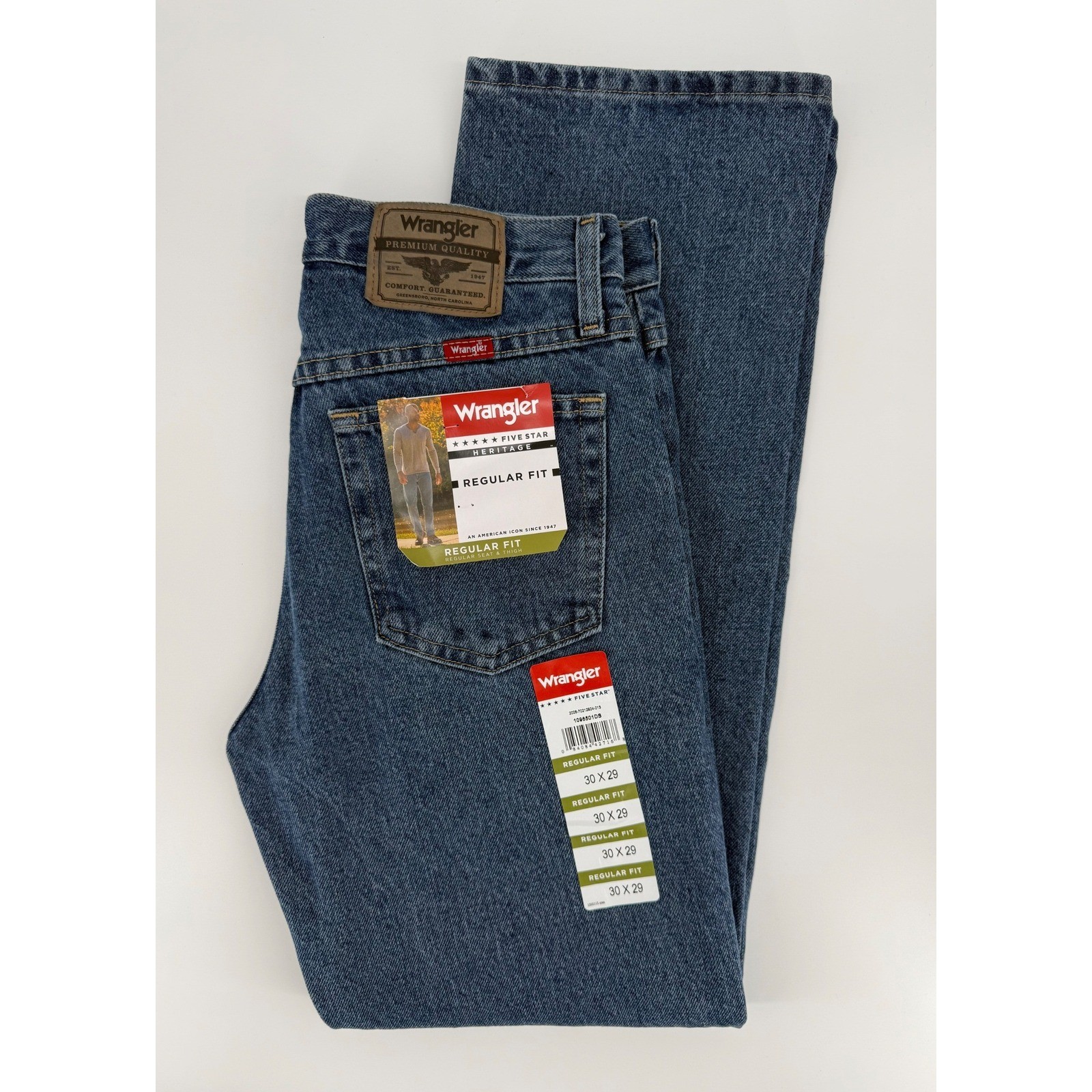 Wrangler Jeans Mens 30×29 Blue Regular Fit Five Star Heritage Cotton Denim NEW