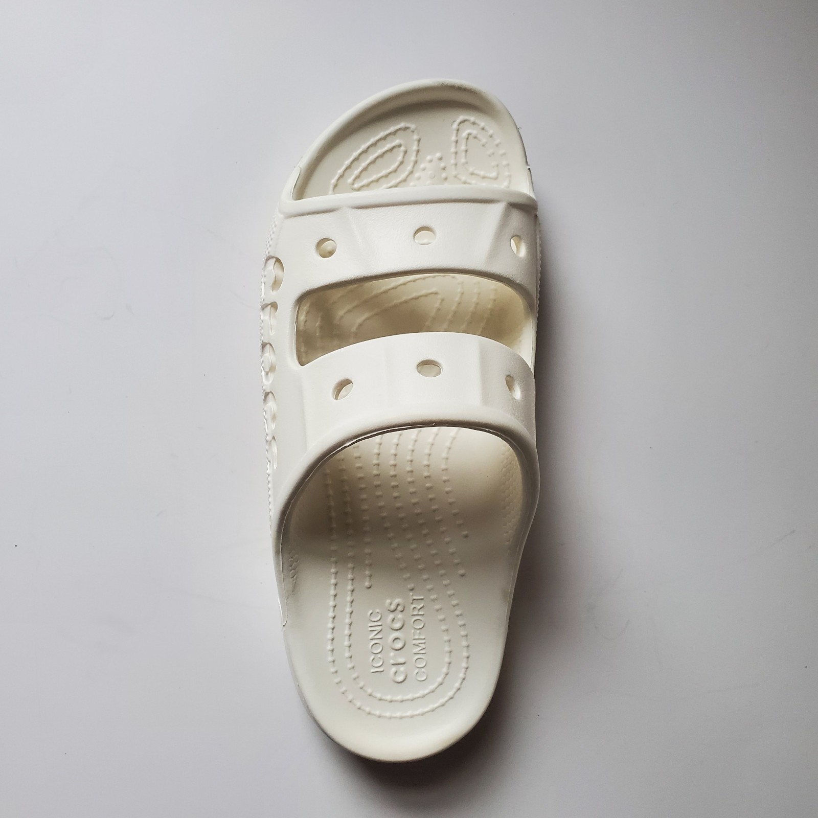 Crocs Baya Slide Sandals Unisex Women 7 Men 5 Spellout Slip-On White Two 2 Strap