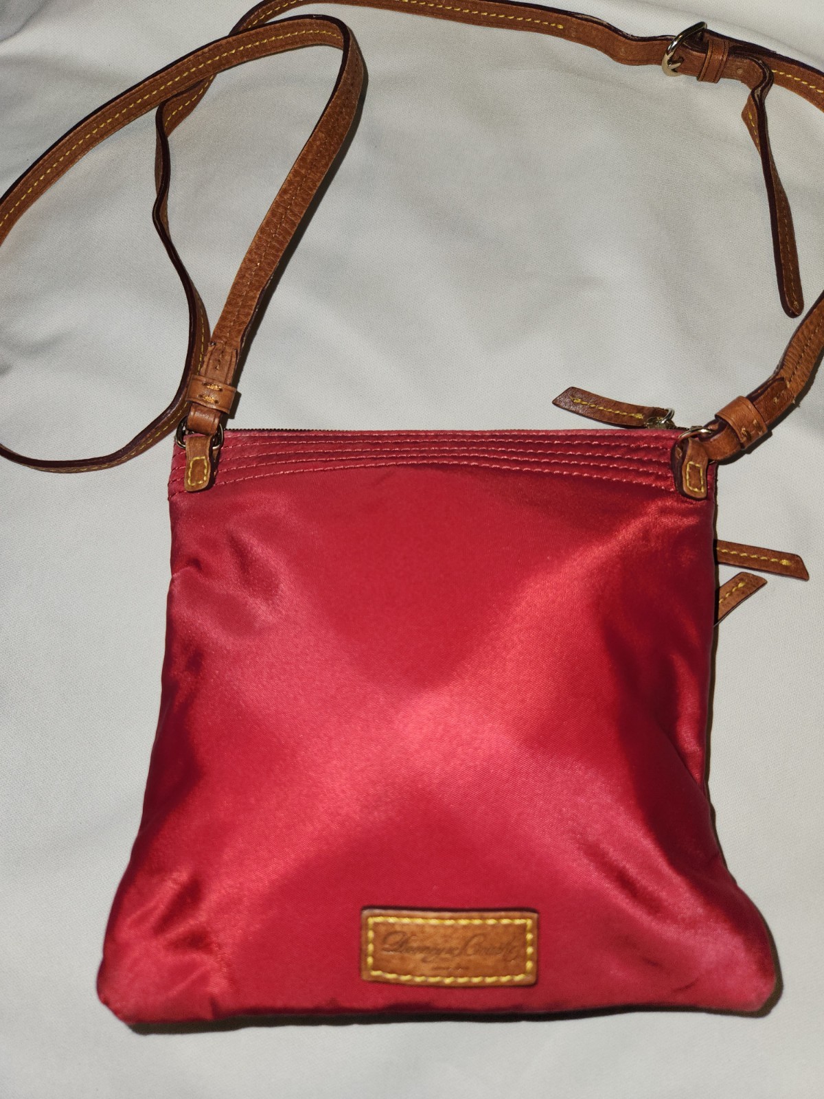 Dooney & Bourke Red Solid Crossbody Zip Bag Brown Strap Gold Hardware