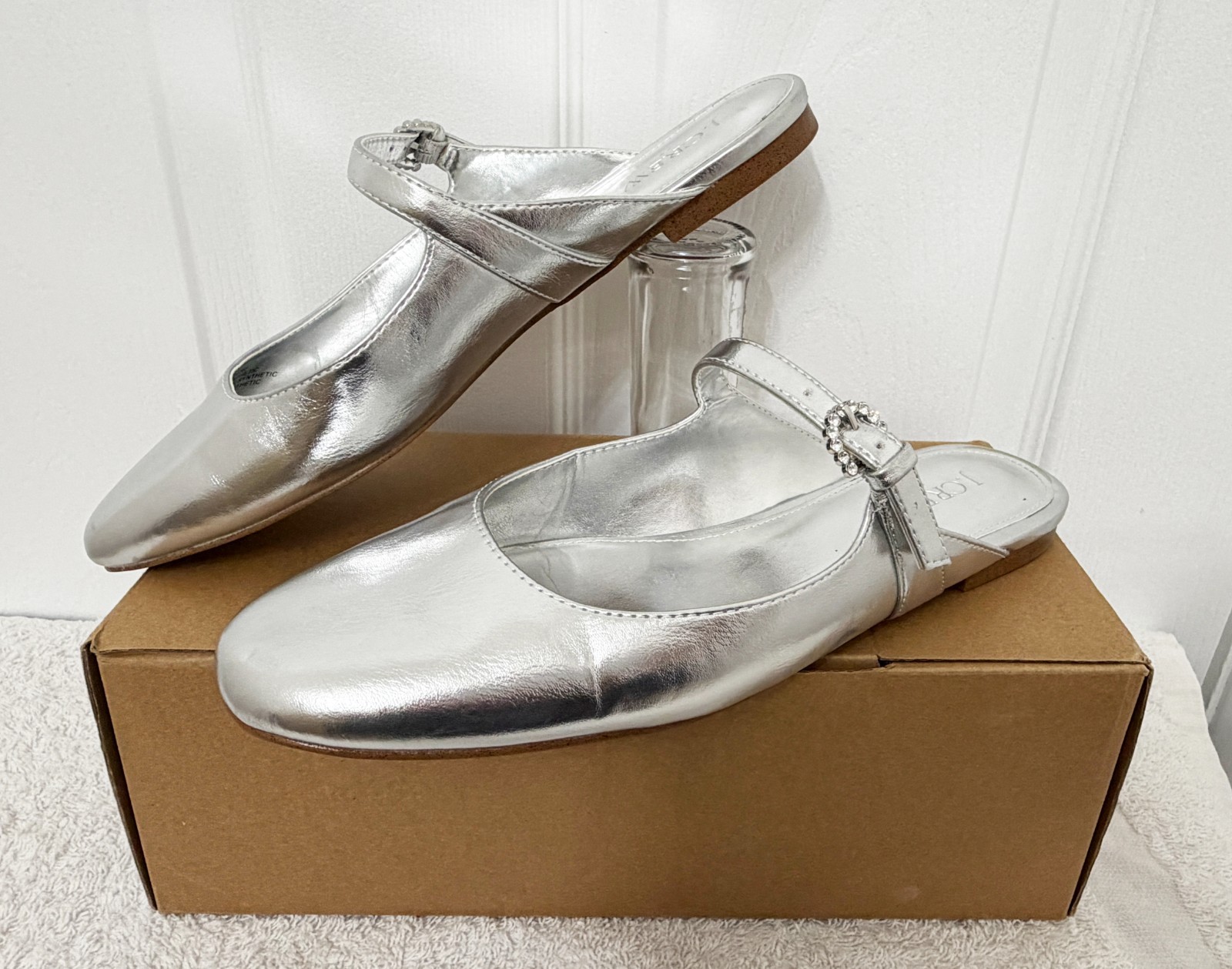 JCREW Mary Jane Mules -EXCELLENT COND!- Women Sz 8 Silver with Rhinestone Buckle