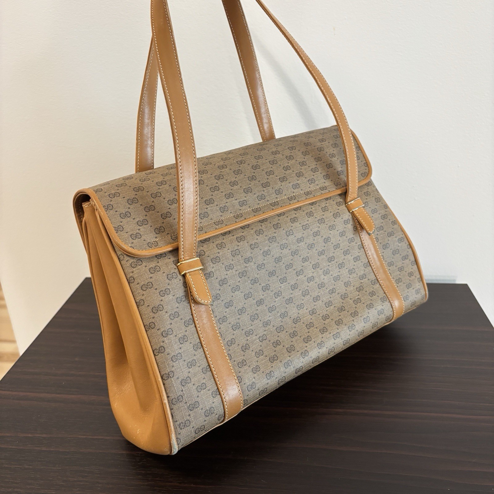 Gucci GG Monogram Shoulder Bag Gold Hardware Snap Closure