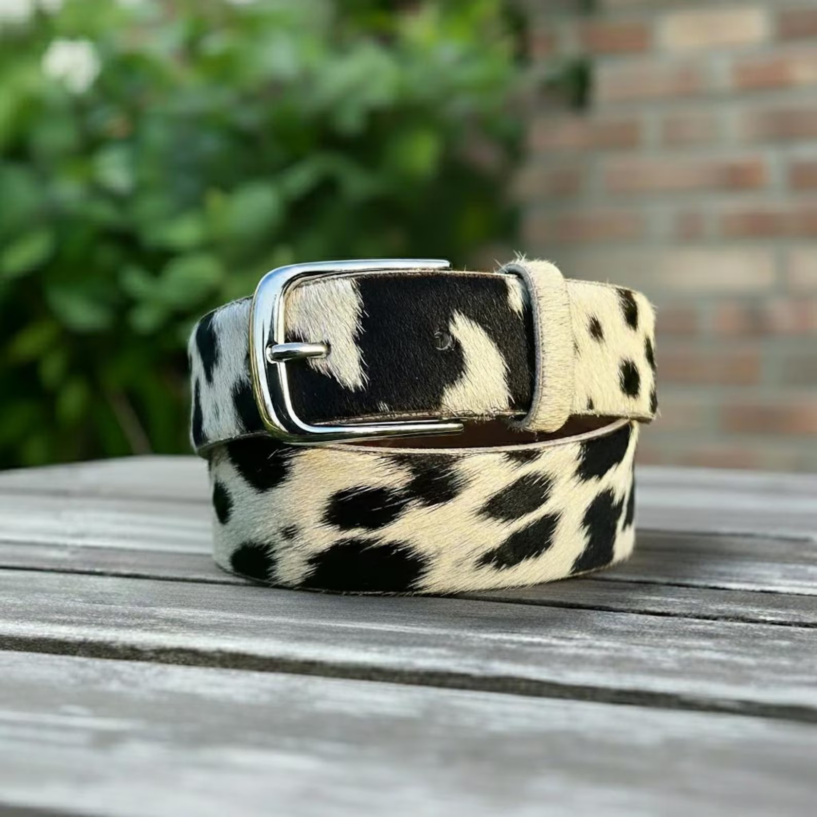 Handmade Hair On Cowhide Leather Belt Black White Cow Print Western Steel Buckle