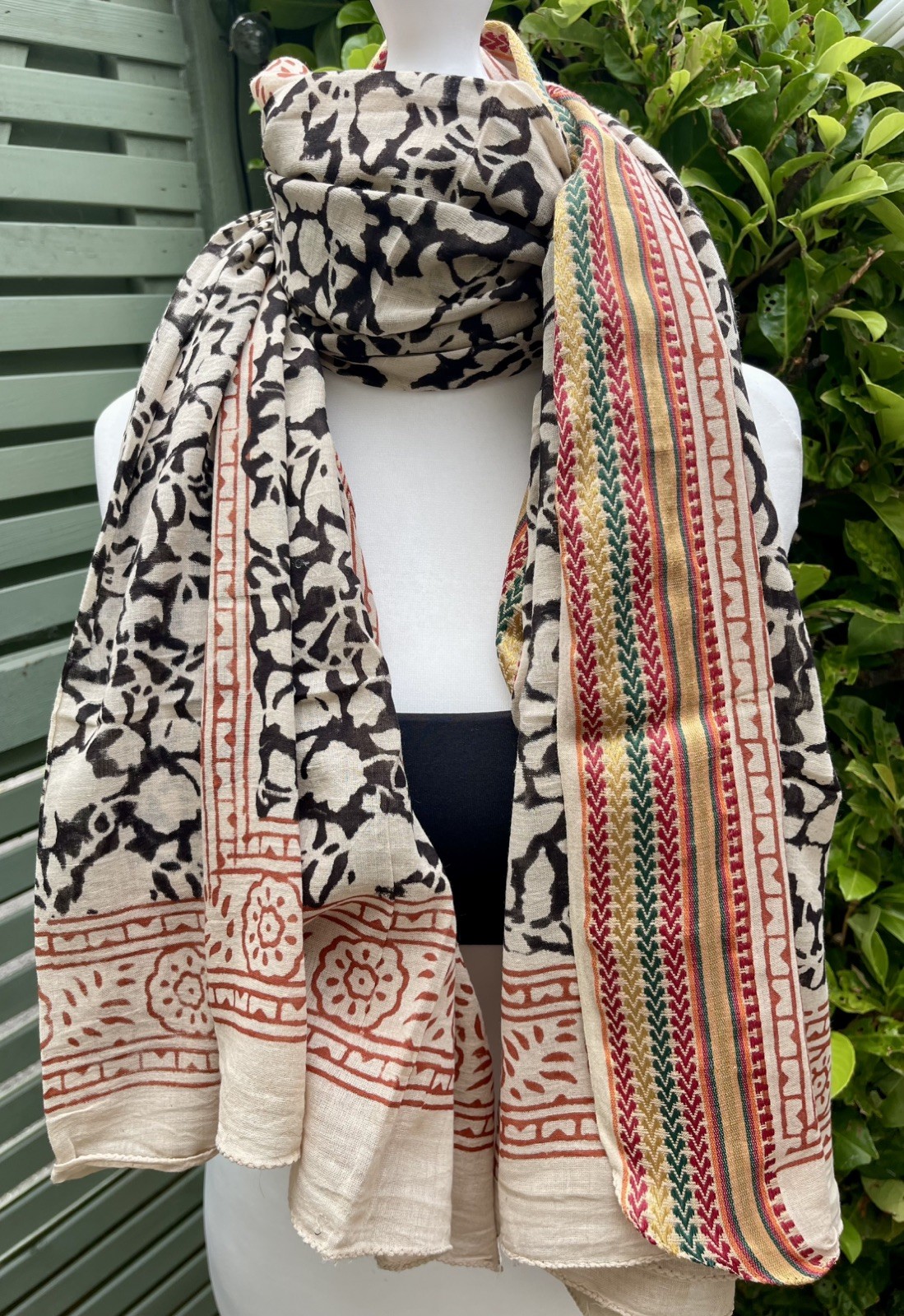 Gold silk edged 100% cotton hand block printed Zari sarong scarf shawl boho