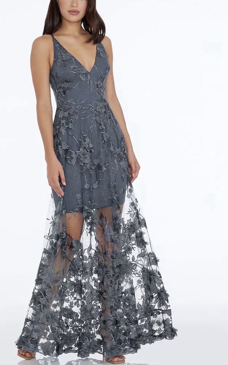 NEW Dress the Population Sidney Floral, V-Plunge Sleeveless Dress Steel, XL, C8