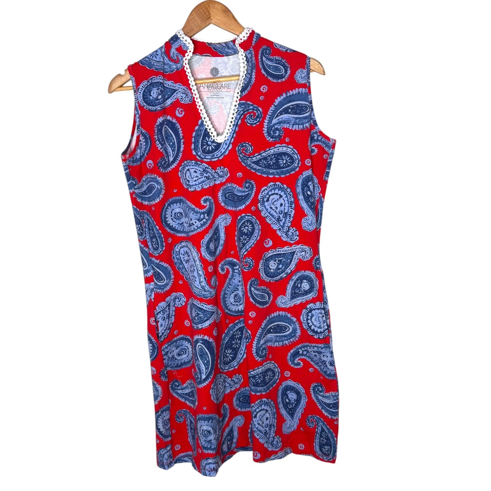 Ana Clare Paisley Shift Short Dress Size L Red Lace Trim Coastal Resort wear