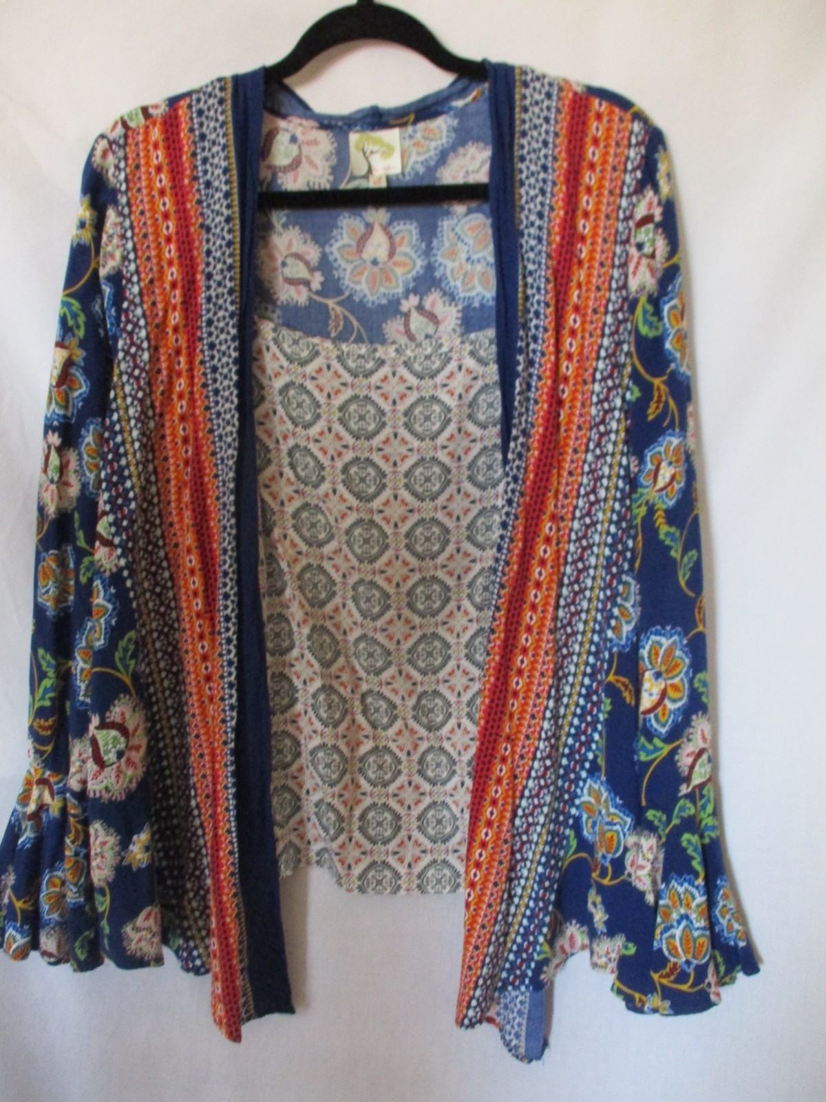 Fig & Flower layered Top Women XL Blue Boho Attached Tank Bell Sleeve Floral