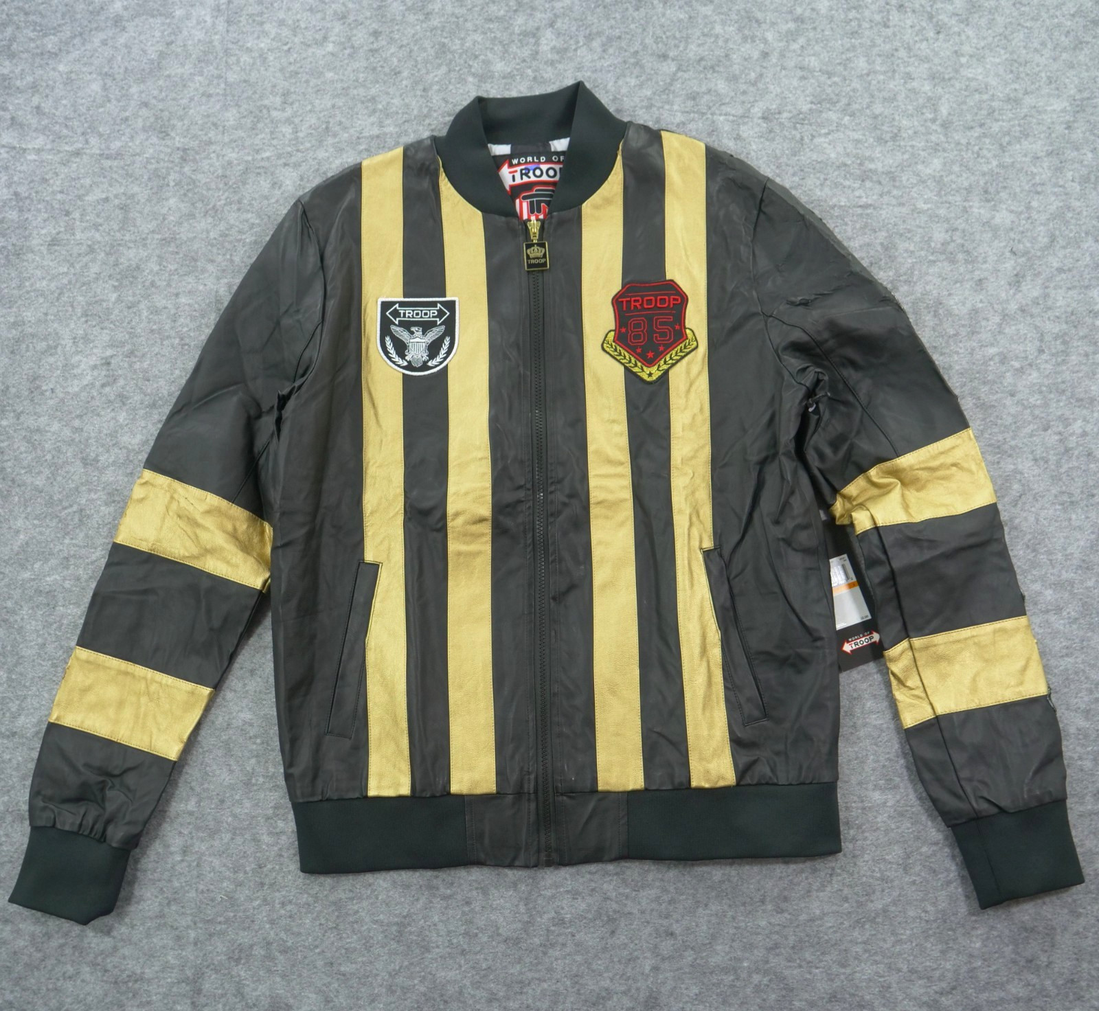World of Troop Jacket Mens Small Black Gold Faux Leather Full Zip Moto Biker New