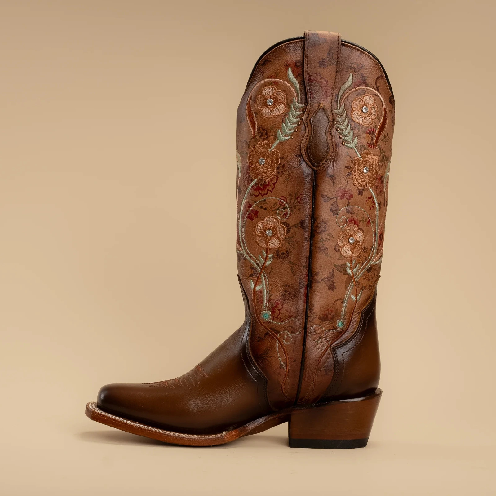 Women’s Rodeo Espresso Brown Turquoise Floral Embroidery Western Cowgirl Boots