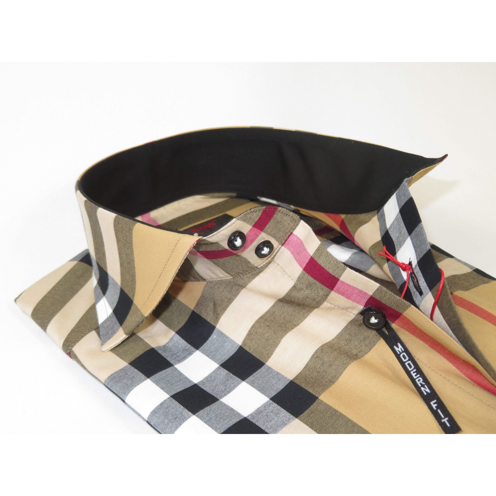 Men’s AXXESS Turkey English Plaid Shirt 100% Soft Cotton High Collar 120-09 Tan