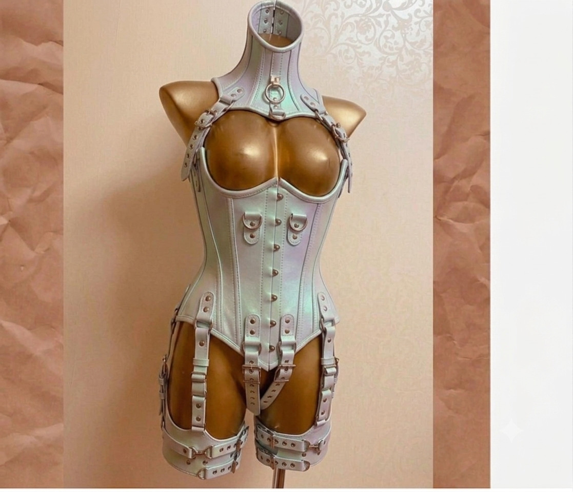 Holographic Leather Corset Harness Set with Collar Shiny Festival Rave Top
