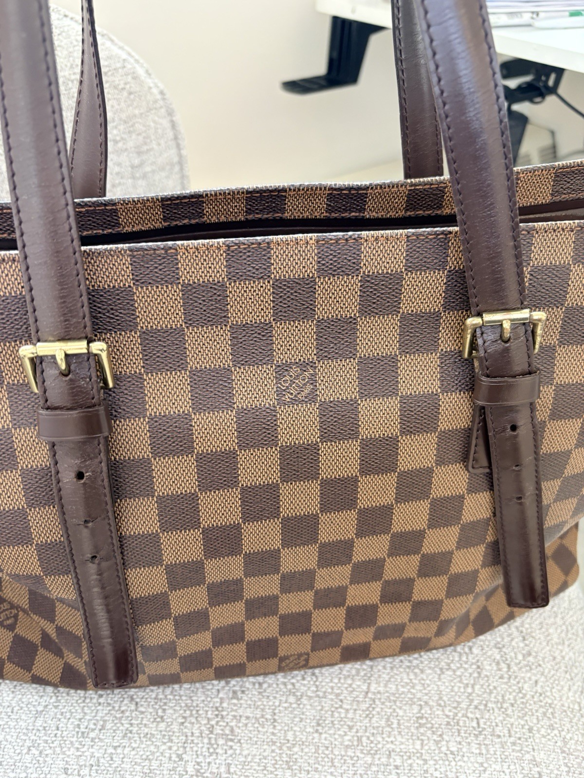 Louis Vuitton Damier Ebene Brown Shoulder Bag w/ Zip, Gold Hardware, Red Lining