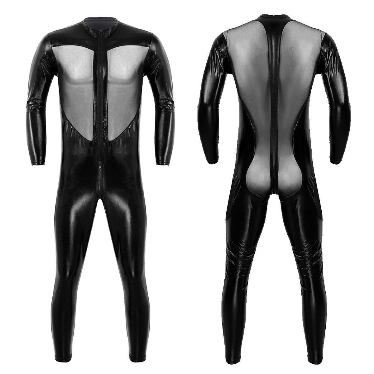 Men’s PVC Leather Mesh Splice Zipper Front Full Body Leotard Bodysuit Clubwear