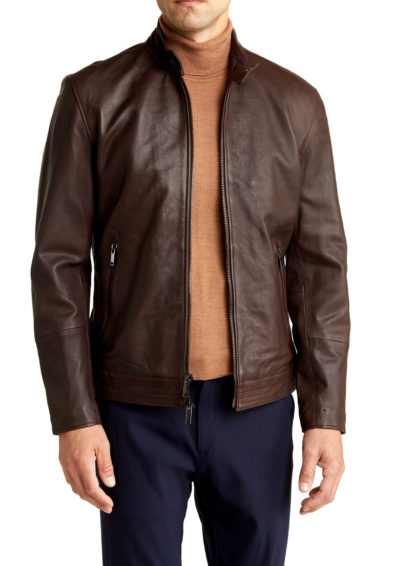 $598 Slate & Stone (Medium) Brown Leather Racer Jacket New with Tags