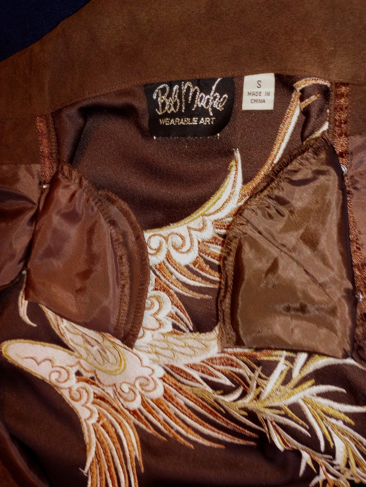 Bob Mackie Vtg Phoenix Wearable Art embroider zip jacket brown faux suede Small