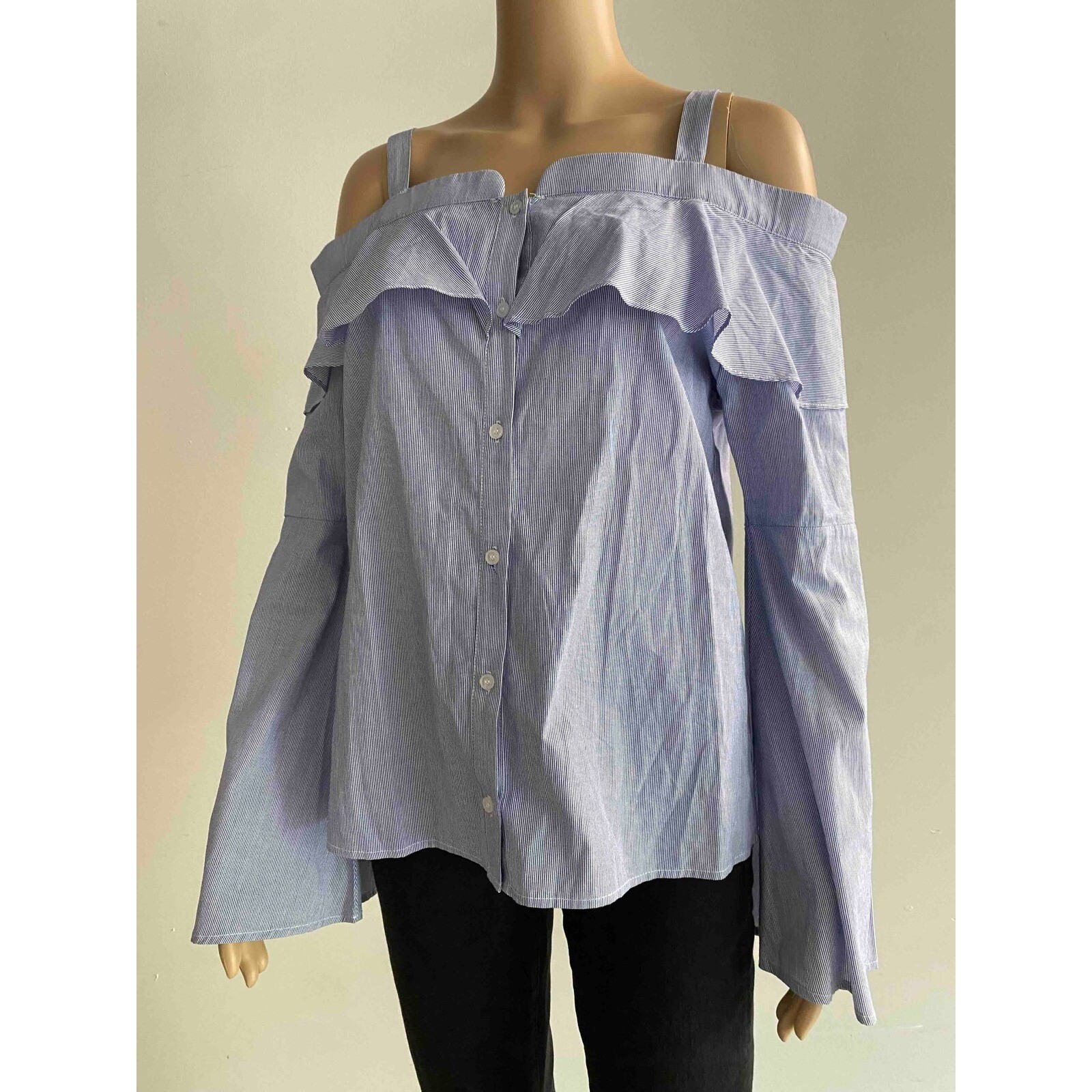 Trouve Blue White Striped Off Shoulder Ruffle Bell Sleeve Cotton Blouse Small