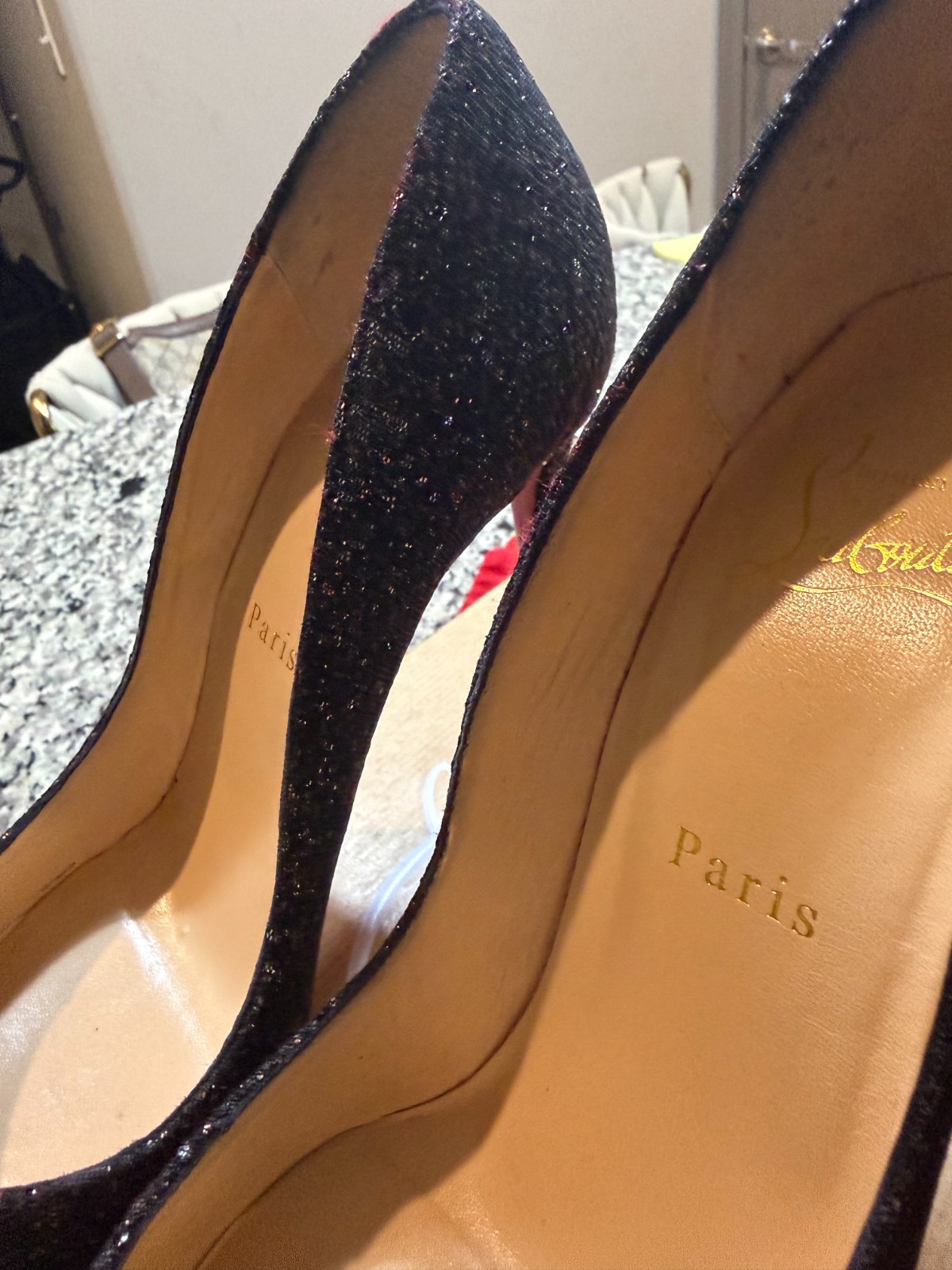 Authentic-Christian Louboutin Pigalle Follies 100 Glitter Black Pumps Size 37.5
