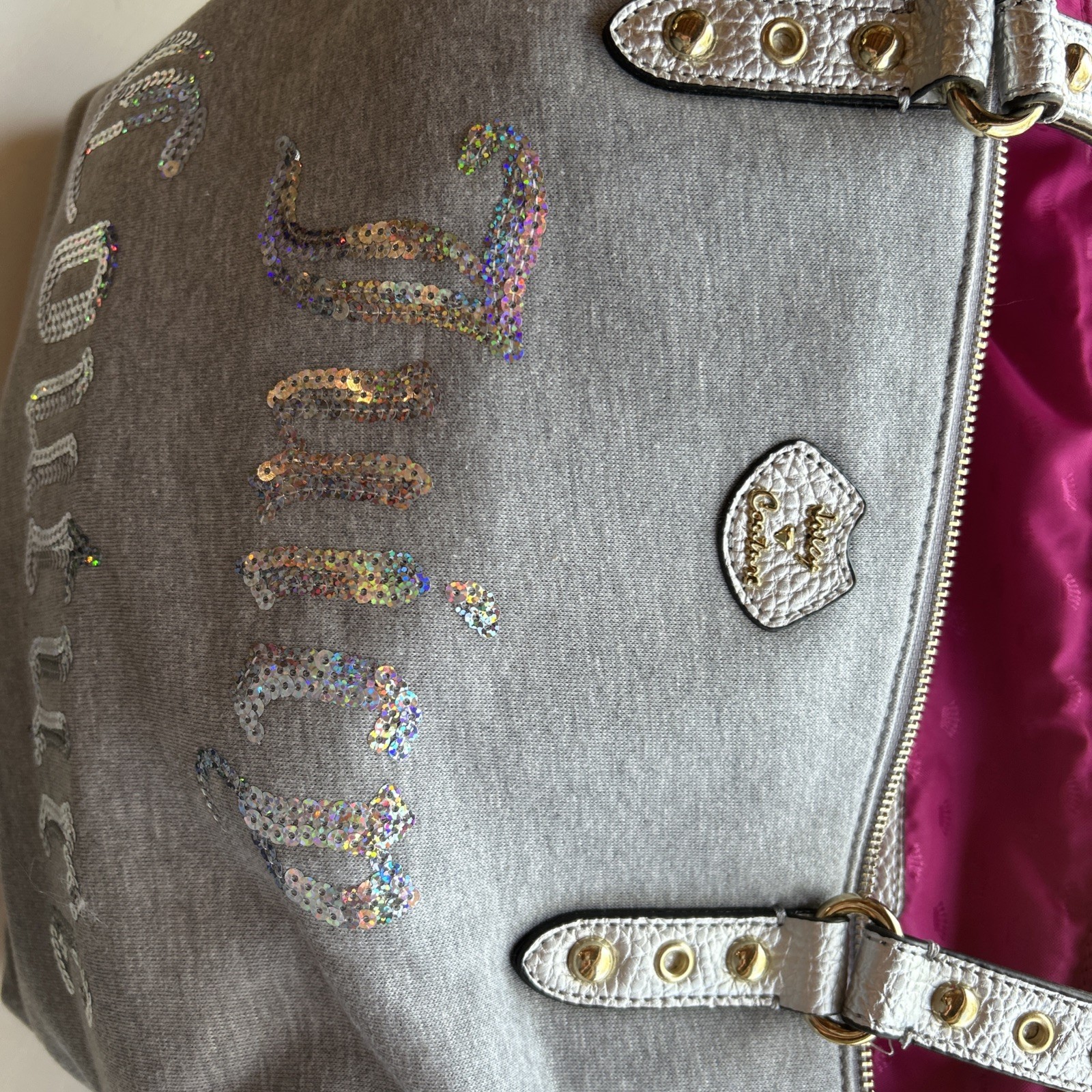 Vintage Juicy Couture Gray Silver Iridescent Sequin Logo Jersey Zip Tote NWOT