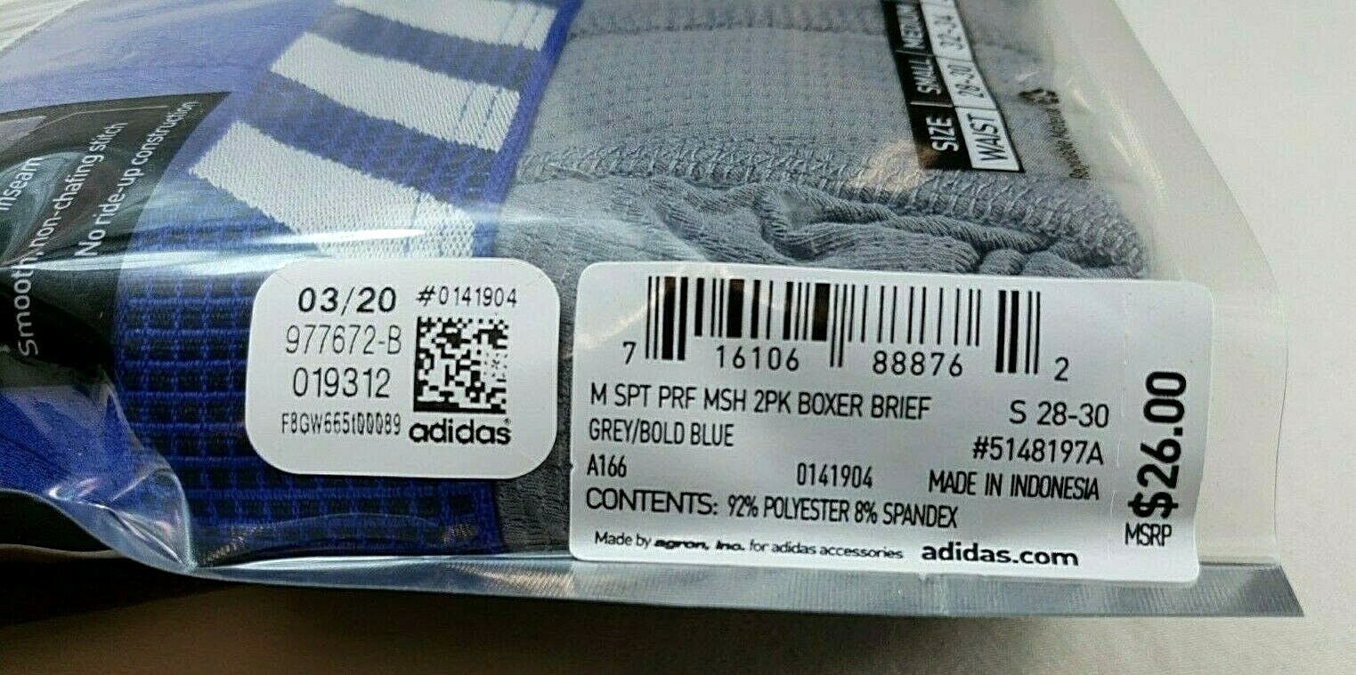 Adidas Men’s Boxer Briefs 2 Pack S 28-30 Bold Blue Grey Performance Fit MSRP$26