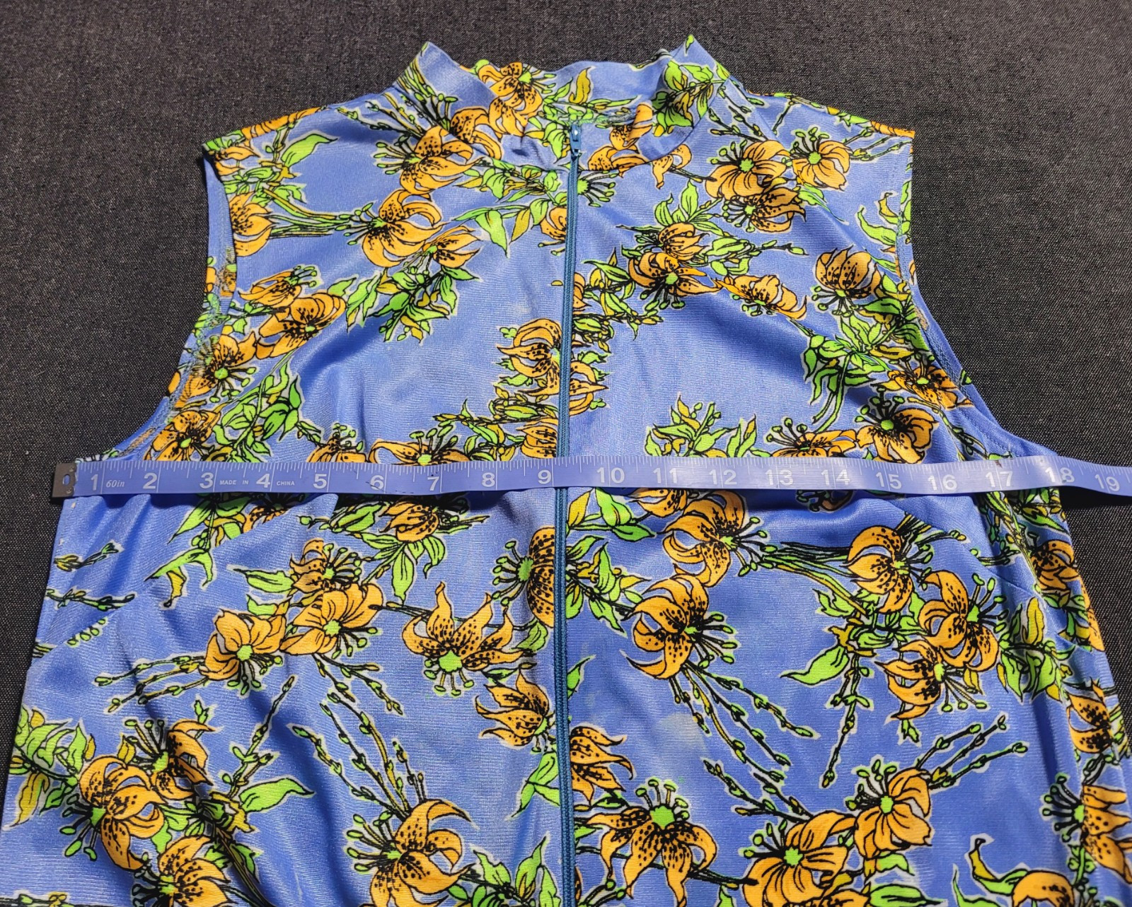 Vintage 60s 70s Blue Yellow Floral Maxi Leg Slits Sleeveless Size M Pocket Zip