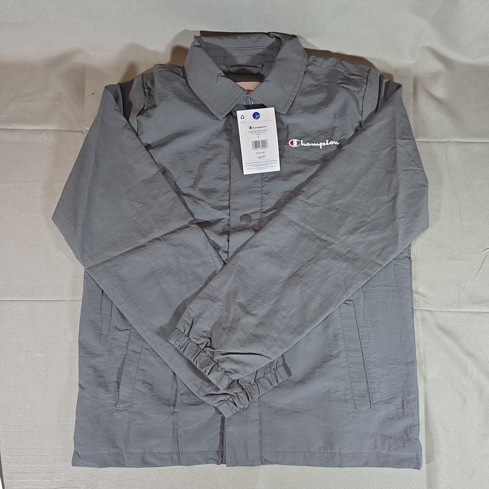 New Champion Coach’s Jacket Grey Size Large Fleece Lined Wind Breaker