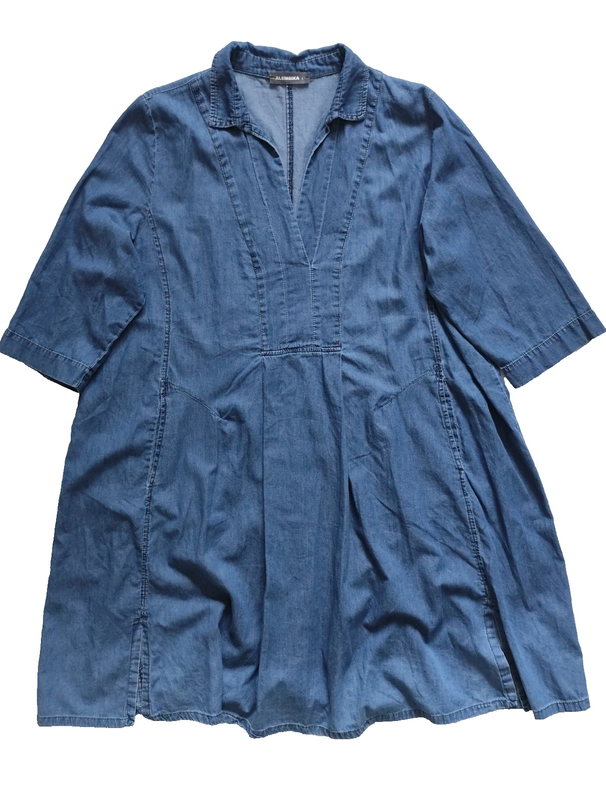 Alembika 4 Light Denim Green Stitch Collared V Neck 3/4 Sleeve Pockets Dress XL