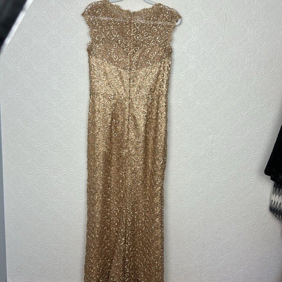 Montage By Mon Cheri Sequin Lace Maxi Evening Gown Dress Golf Sheath Cap Sleeve