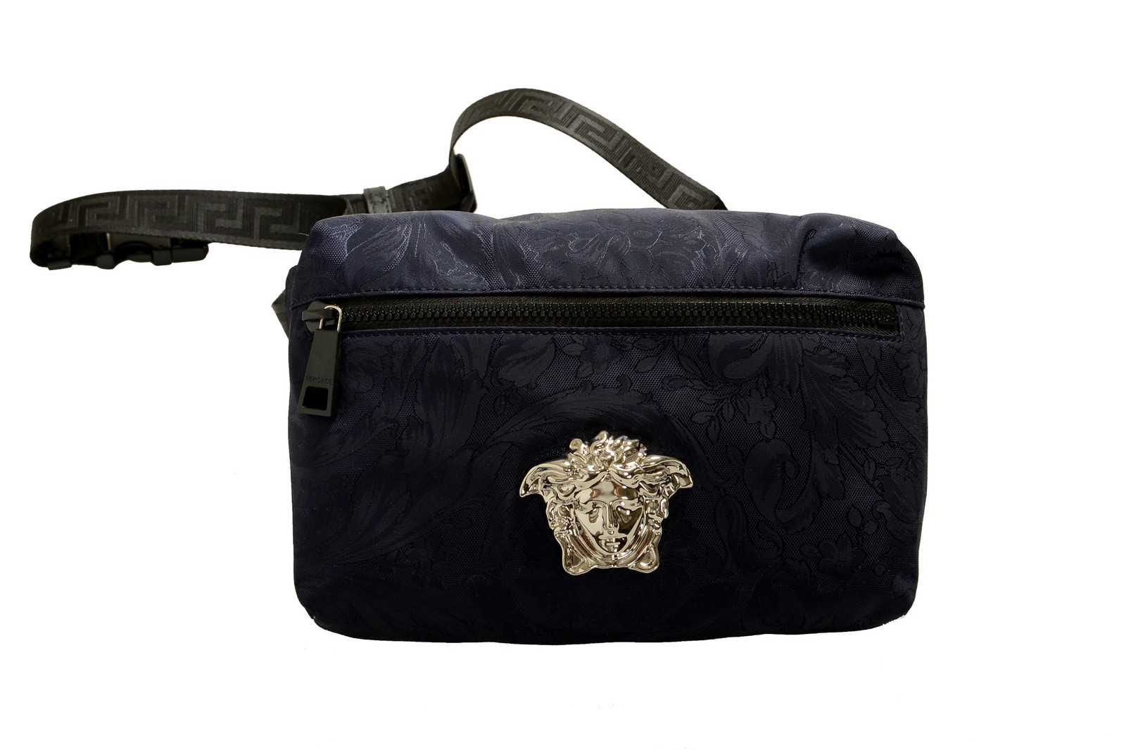 Versace Navy Heritage Print Silver Medusa Fabric & Leather Belt Fanny Pack Bag