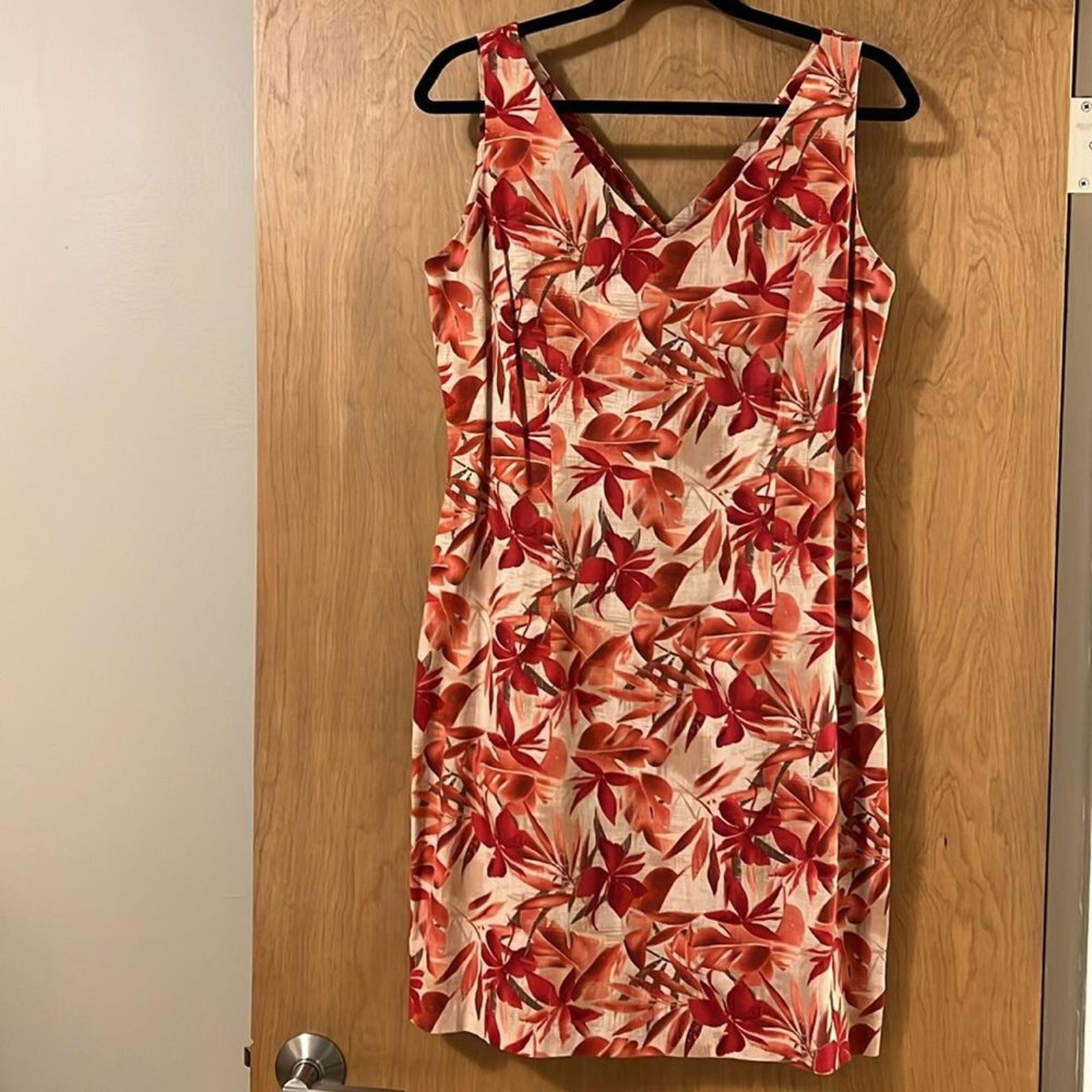 Studio Ease Linen Blend Tropical Floral Shift Dress Coral Red Size 10