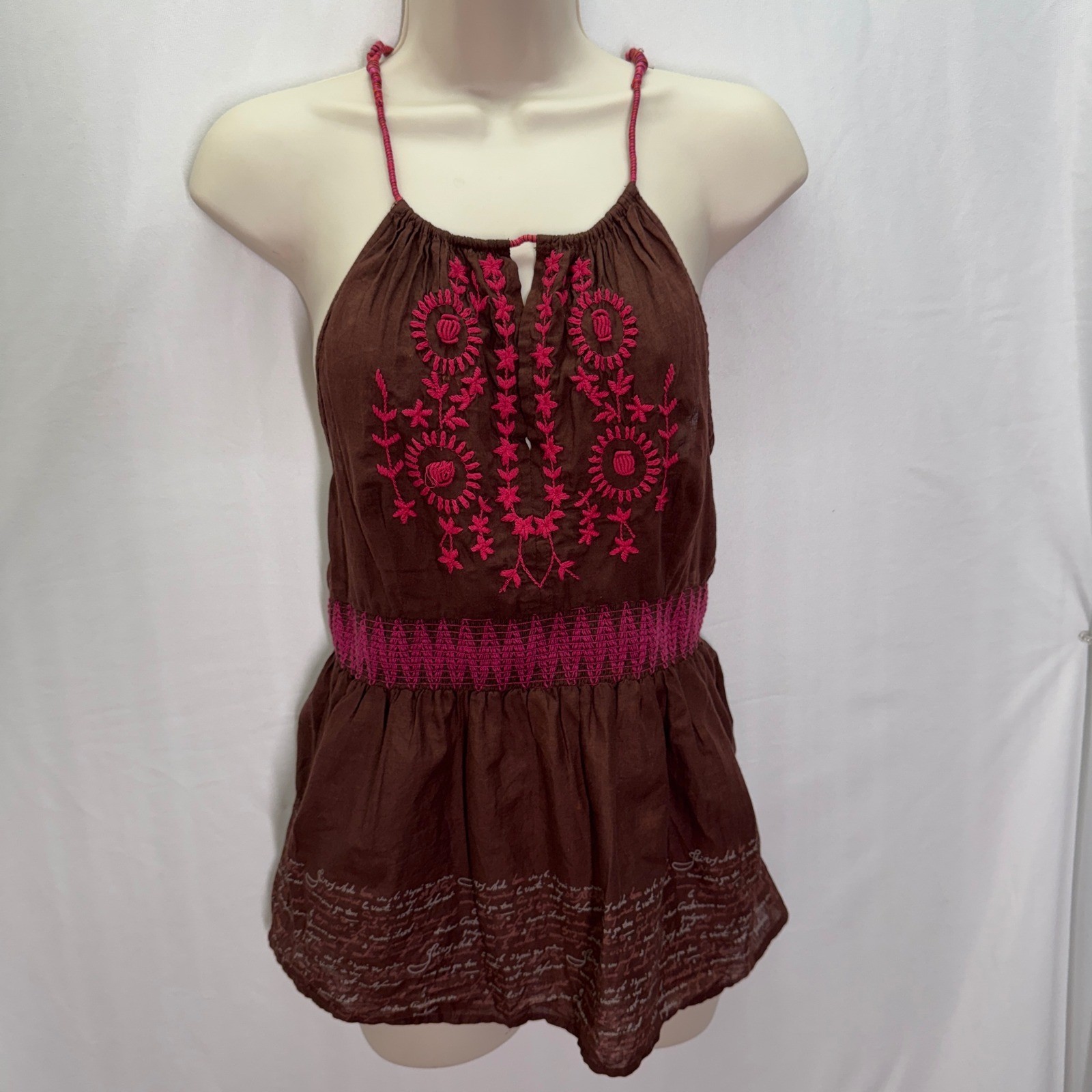 Free People Y2K Halter Top Size 6 Brown Pink Embroidery Boho-Chic Smocked Indie