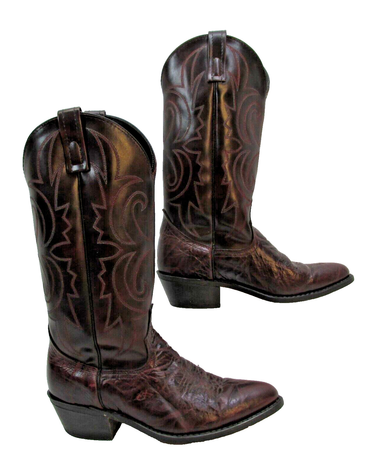 Lea Vamp & Fox Cowboy Boots, Mahogany Leather Pull Tab Western Boots, 7 D 7D USA
