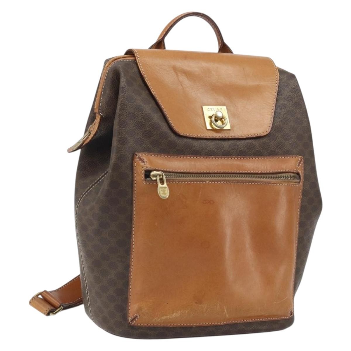 CELINE Macadam Canvas Backpack PVC Leather Brown Gold Auth 169840