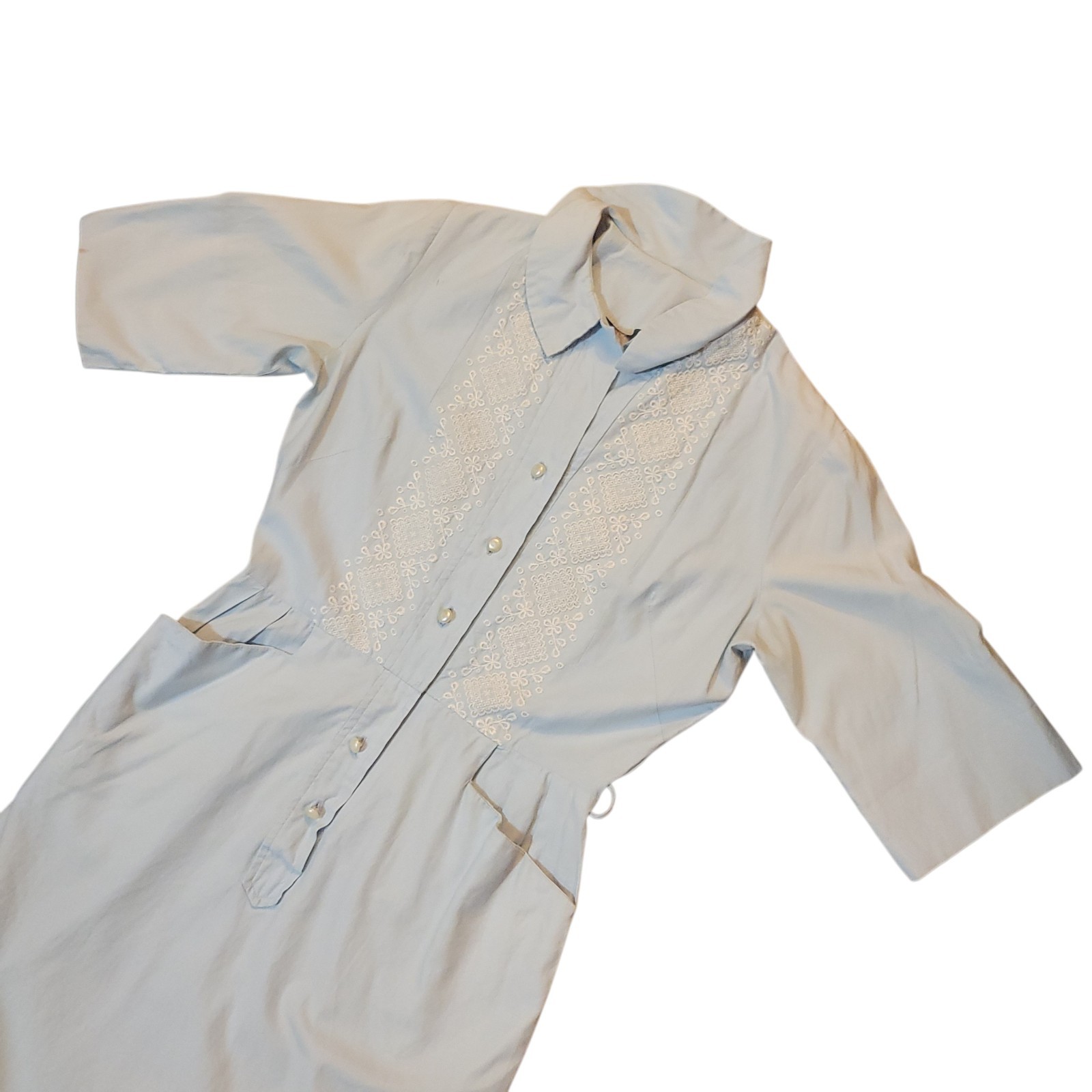 Vintage 40s/50s Light Pastel Blue Dress Collar Button Short Sleeve Knee Length