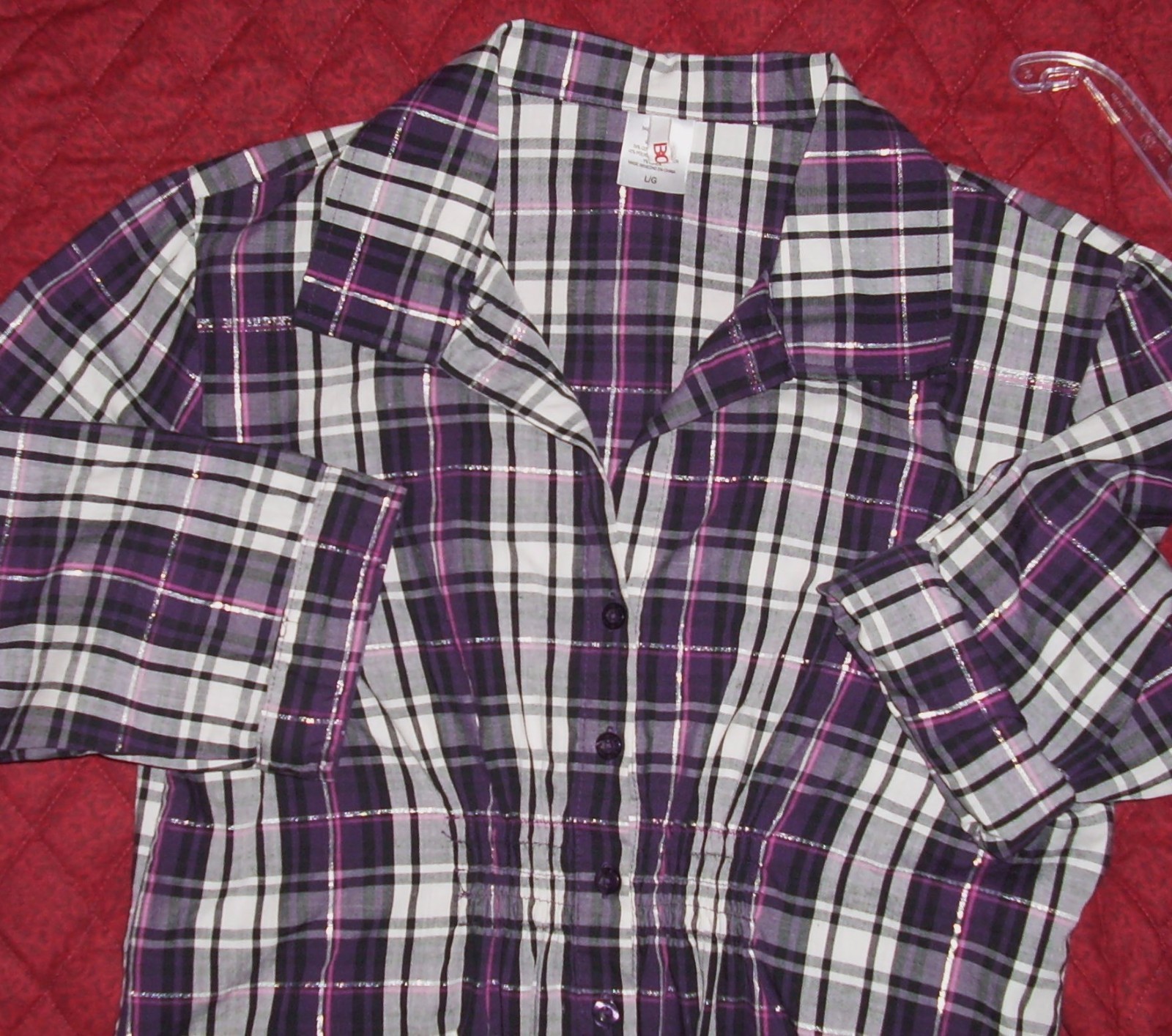 Bongo Purple Plaid Metallic Lurex Blouse, Sz L, Roll-Tab Sleeves, Button-Front