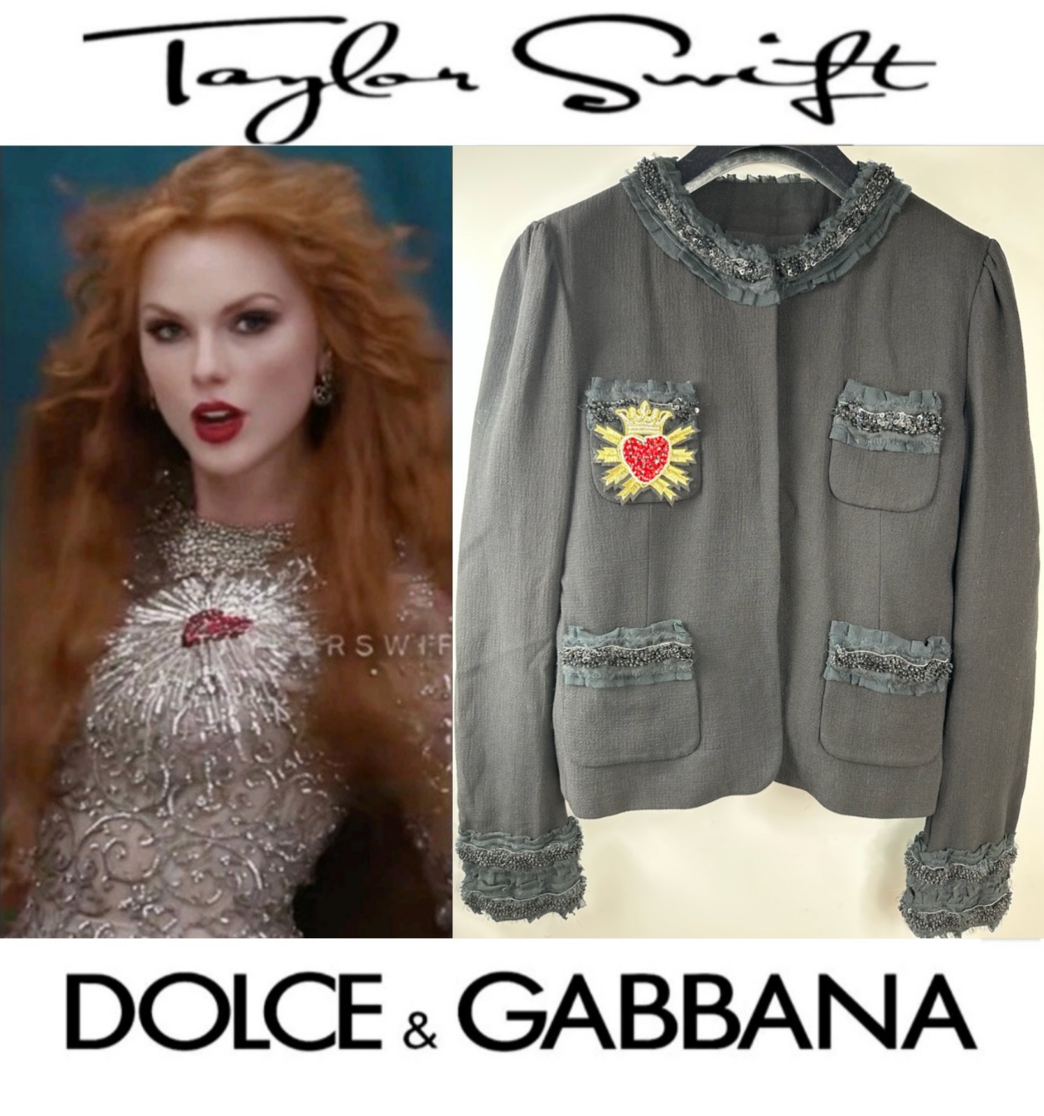 D&G Dolce & Gabbana Taylor Black Sequin Heart Tweed Jacket 44 46 8 10 Coat M L