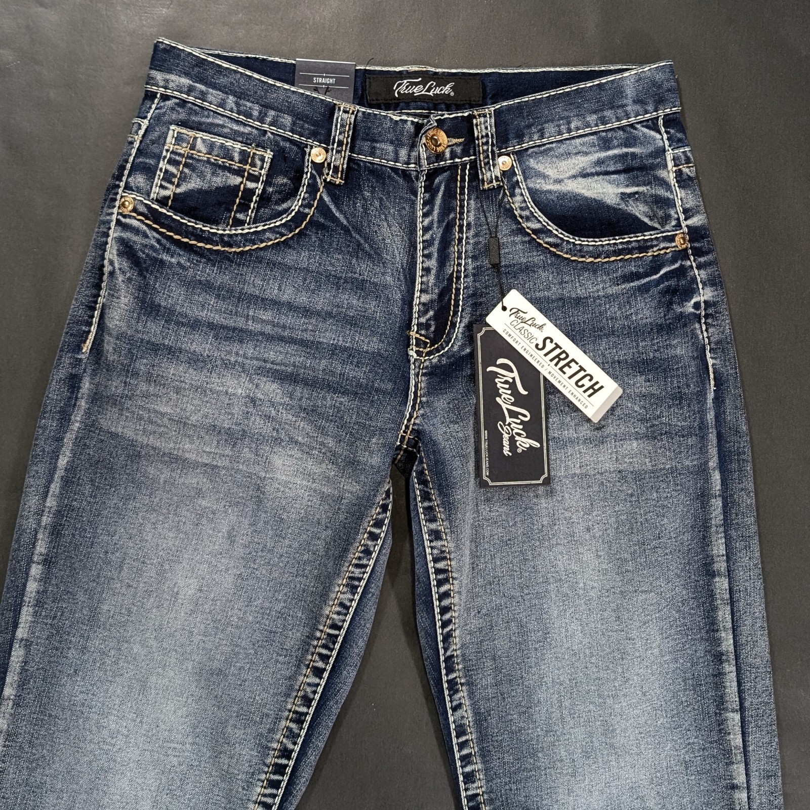 True Luck Mens Straight Leg Jeans Medium Stretch Denim Size 30×32 Embroidered