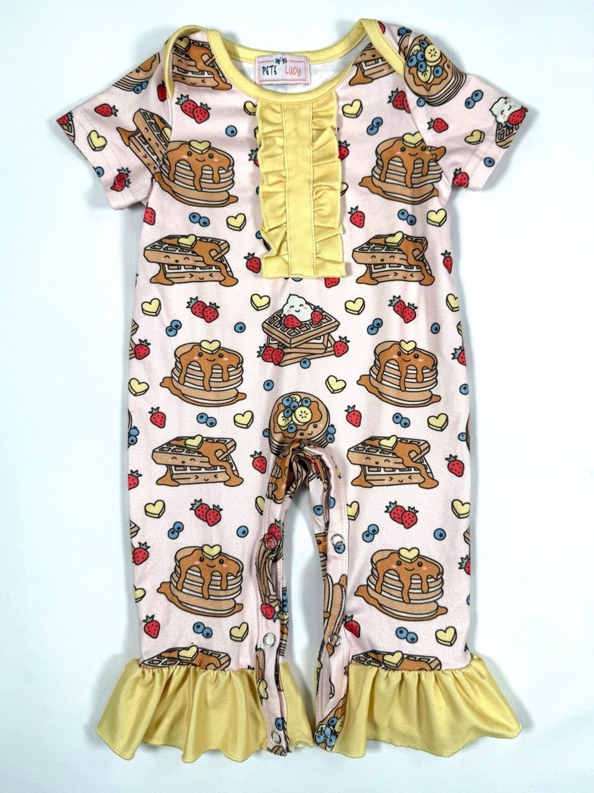 PETE + LUCY Girls Pancake Waffle Breakfast Ruffle Romper 0-3M Cottagecore Kawaii